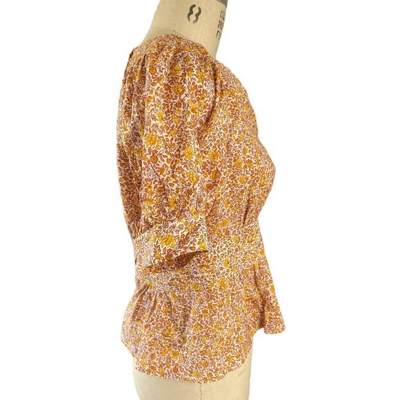 J Crew Puff-Sleeve V-Neck Top in Yellow Scattered Blooms Floral Print Size 10 - Picture 3 of 7